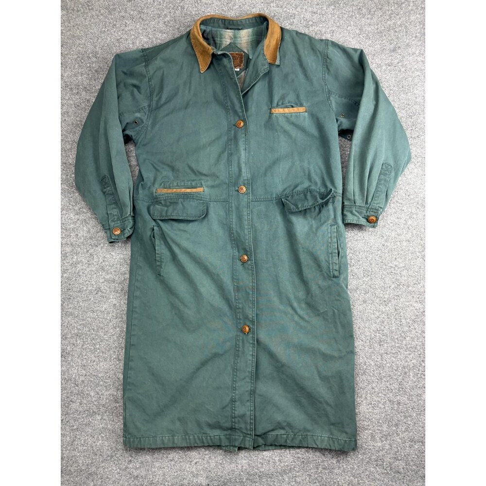 East West Rugged Coat Mens Medium Green Barn Chore Plaid Lined Leather Collar